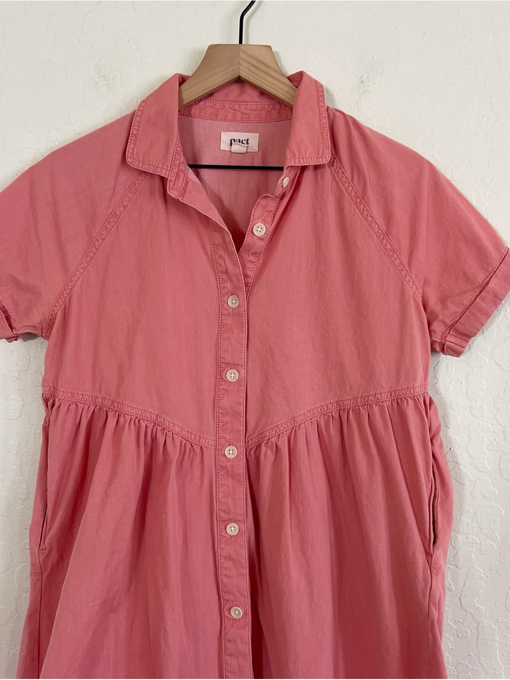 Pact 100% Organic Cotton Chambray Denim Short Sleeve Shirt Dress Small Sand Pink - Picture 6 of 9